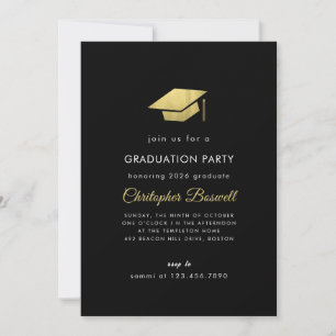 Black and Gold Cap Glitter Graduation Invitation