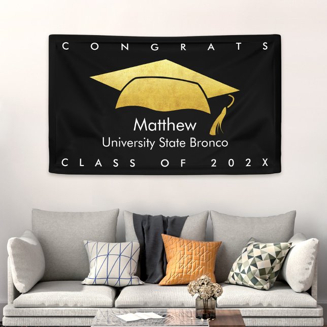 Black and Gold Cap Graduation Bold Modern Simple Banner (Creator Uploaded)
