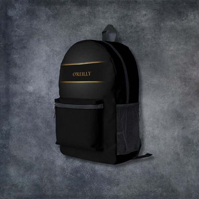 Black and Gold Carbon Pattern Modern Monogram Printed Backpack (Creator Uploaded)