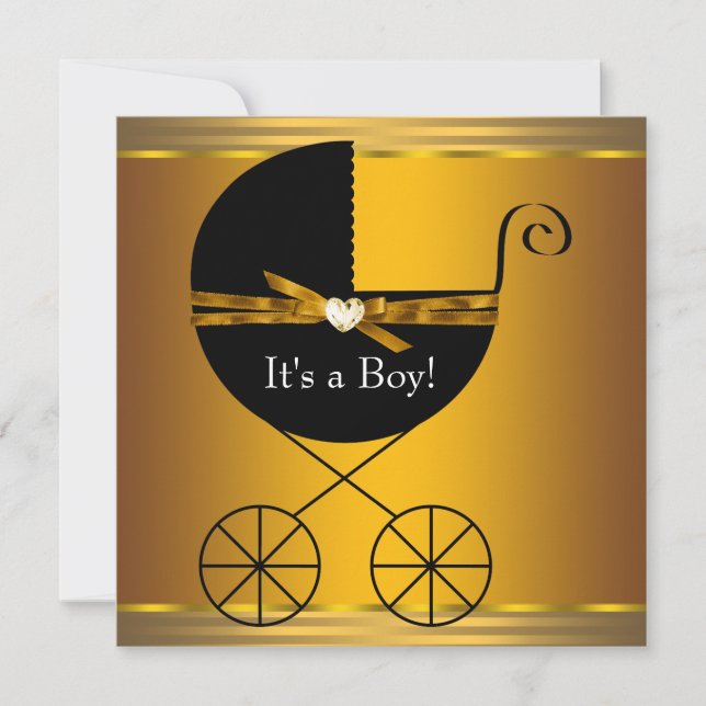 Black and Gold Carriage Boys Baby Shower Invitation (Front)
