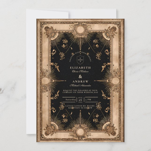Black and Gold Celestial Baroque Wedding Invitation (Front)