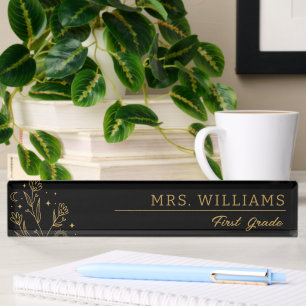Black and Gold Celestial Floral Teacher Desk Sign