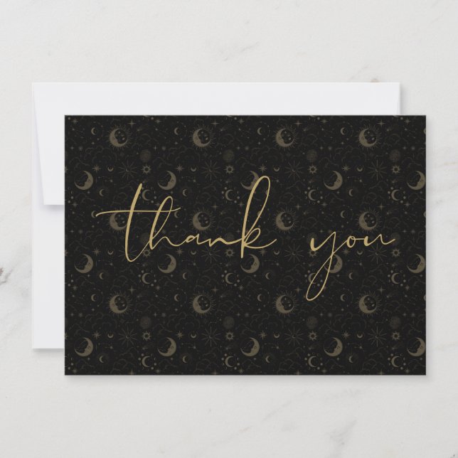 Black And Gold Celestial Mystical Stars And Moons Thank You Card (Front)