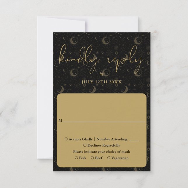 Black And Gold Celestial Mystical Wedding RSVP Card (Front)