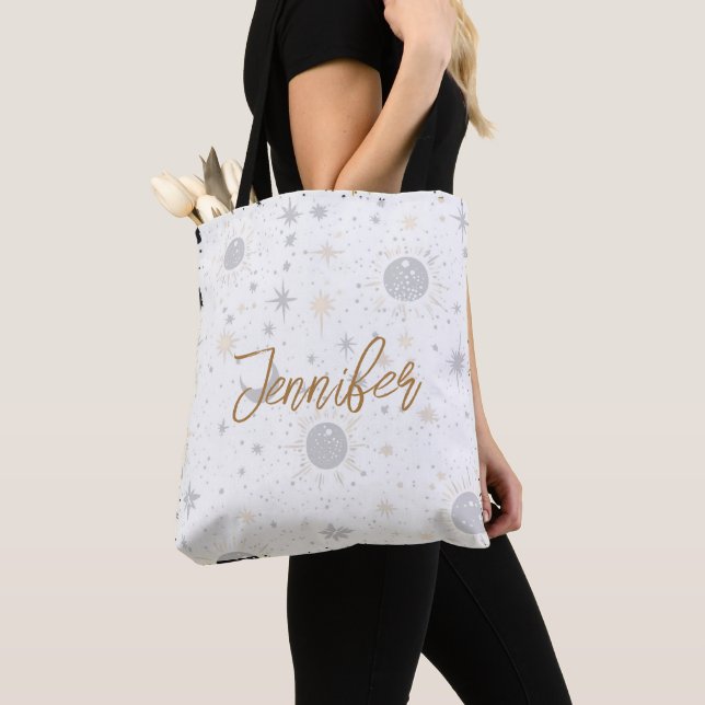 Black and Gold Celestial Personalised Name Tote Bag (Close Up)