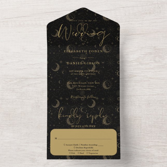 Black And Gold Celestial Spiritual Wedding All In One Invitation (Inside)
