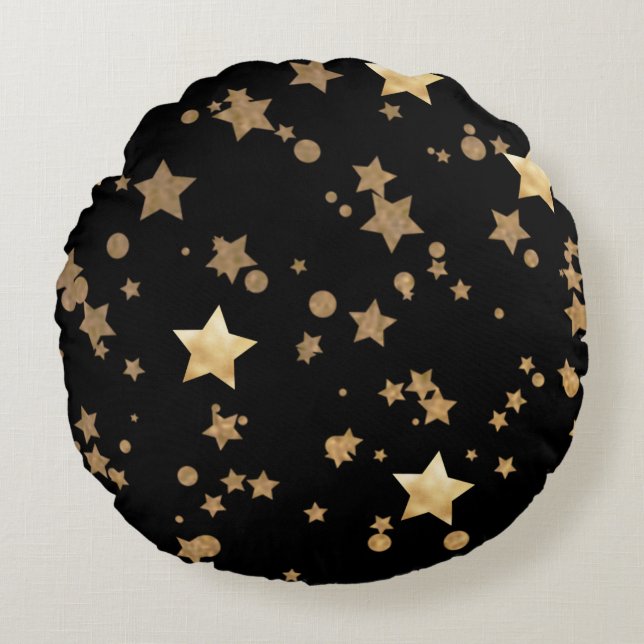 Black and Gold Celestial Stars and Polka Dots Round Cushion (Front)