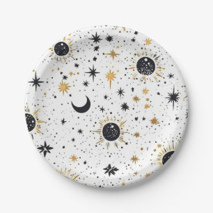 Black and Gold Celestial Sun Moon Stars Paper Plate