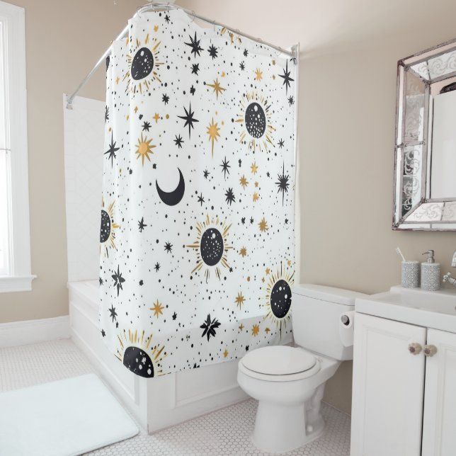 Black and Gold Celestial Sun Moon Stars Shower Curtain (In Situ)