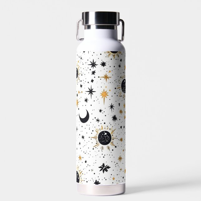 Black and Gold Celestial Sun Moon Stars Water Bottle (Front)