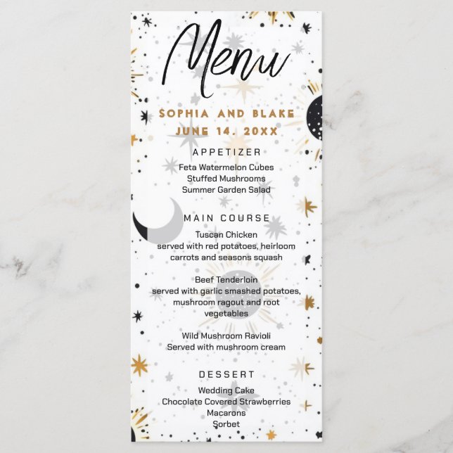 Black and Gold Celestial Sun Moon Stars Wedding Menu (Front)