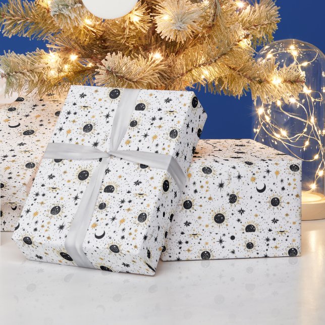 Black and Gold Celestial Sun Moon Stars Wrapping Paper (Holidays)
