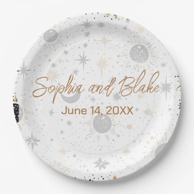 Black and Gold Celestial Wedding Paper Plate (Front)