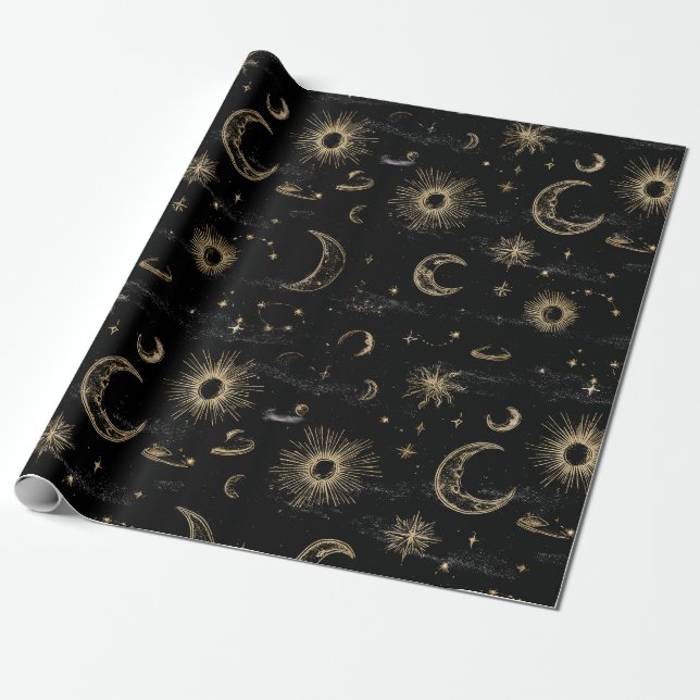 Black and Gold Celestial Wrapping Paper (Unrolled)