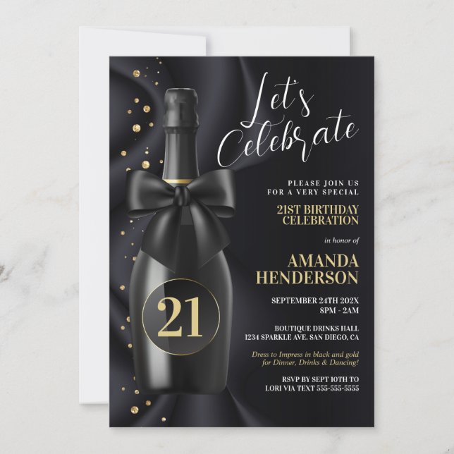 Black and Gold Champagne Birthday Invitation (Front)