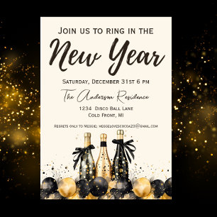 Black and Gold Champagne New Year's Eve Party Invitation
