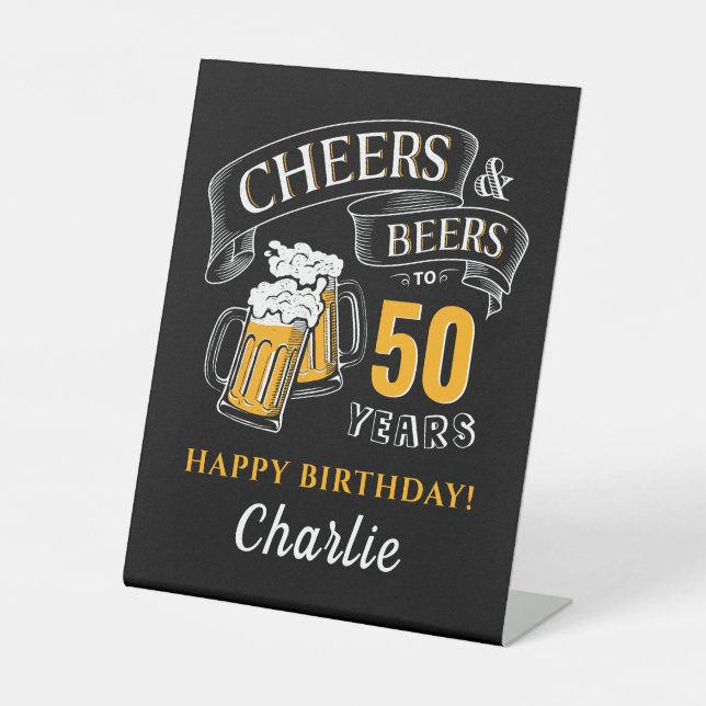 Black And Gold Cheers And Beers Any Age Birthday Pedestal Sign (Front)