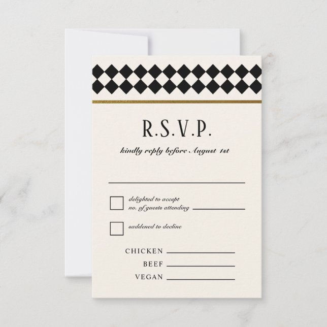 Black and Gold Chequerboard Border Wedding RSVP Card (Front)