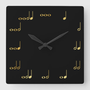 Black and Gold Chevron Musical Notes Square Wall Clock