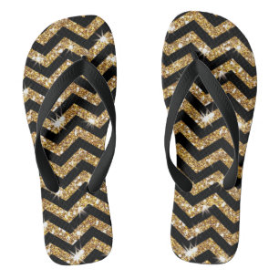 Black and Gold Chevron New Years Flip Flops