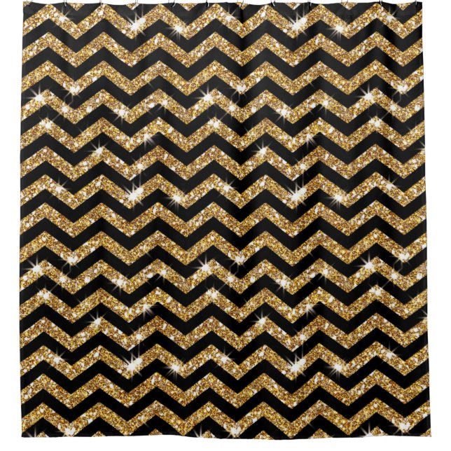 Black and Gold Chevron Pattern Shower Curtain (Front)
