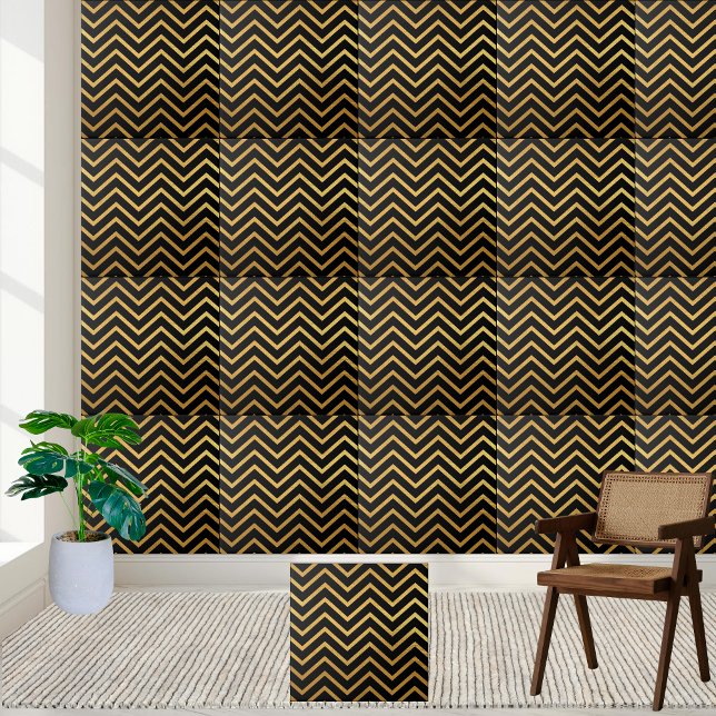 Black and Gold Chevron Pattern Tile (Black and Gold Chevron Pattern Tile)