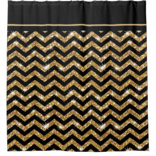 Black and Gold Chevron with Black Trim Shower Curtain