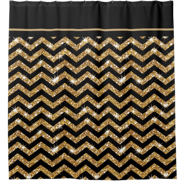 Black and Gold Chevron with Black Trim Shower Curtain (Front)