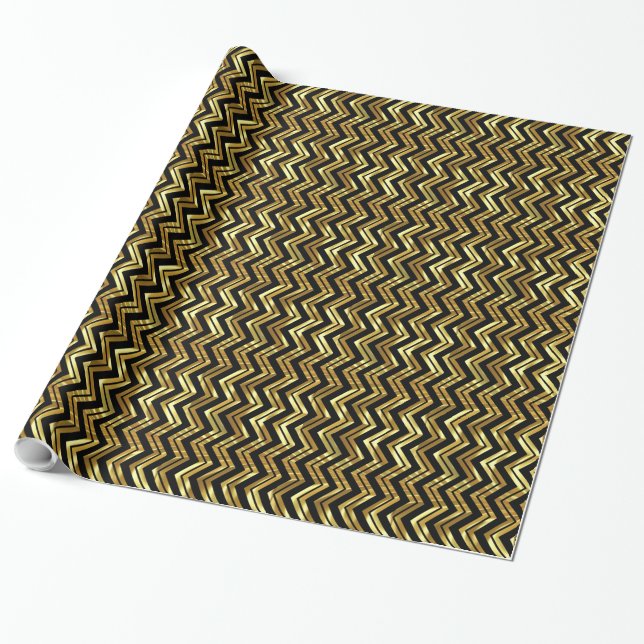 Black And Gold Chevron Zigzag Pattern Wrapping Paper (Unrolled)