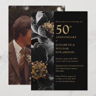 Black And Gold Chic Floral 50th Anniversary Photo Invitation