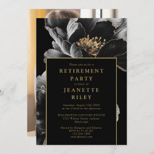Black And Gold Chic Floral Retirement Party Photo Invitation