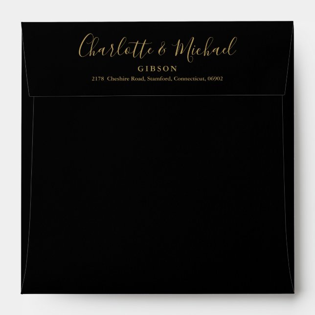 Black And Gold Chic Script Return Address Square Envelope (Back (Top Flap))
