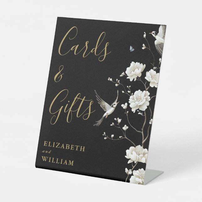 Black And Gold Chinoiserie Floral Cards And Gifts Pedestal Sign (Front)