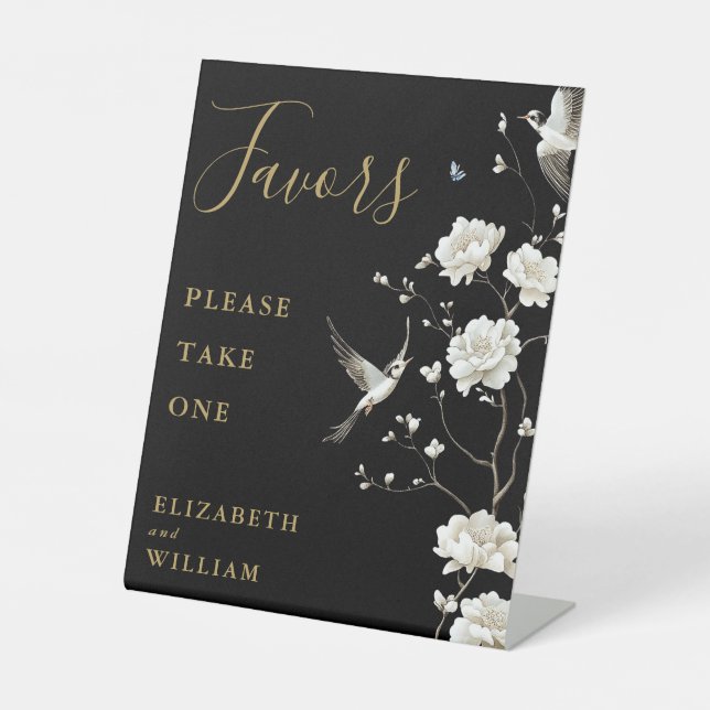 Black And Gold Chinoiserie Floral Favours Wedding Pedestal Sign (Front)