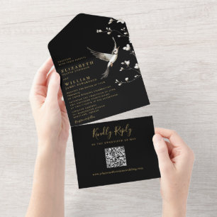 Black And Gold Chinoiserie Floral QR Code Wedding All In One Invitation