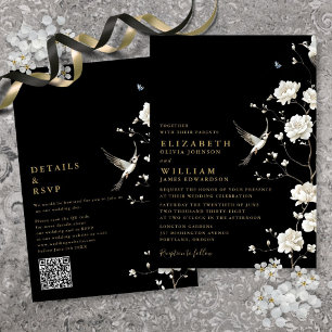 Black And Gold Chinoiserie Floral QR Code Wedding Invitation