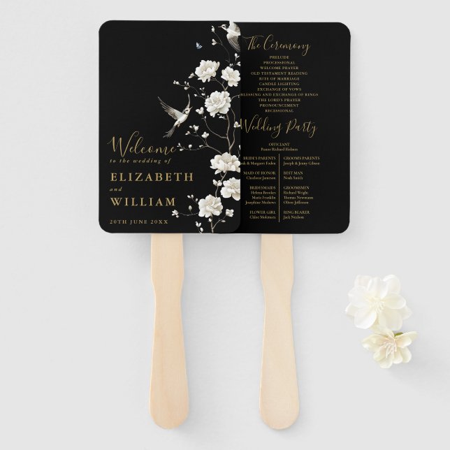 Black And Gold Chinoiserie Floral Wedding Program Hand Fan (Front and Back)