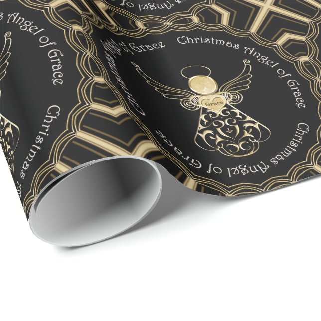 Black and Gold Christmas Angel of Grace Filigree Wrapping Paper (Roll Corner)