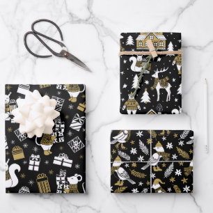 Black and Gold Christmas Animals Pattern  Wrapping Paper Sheet
