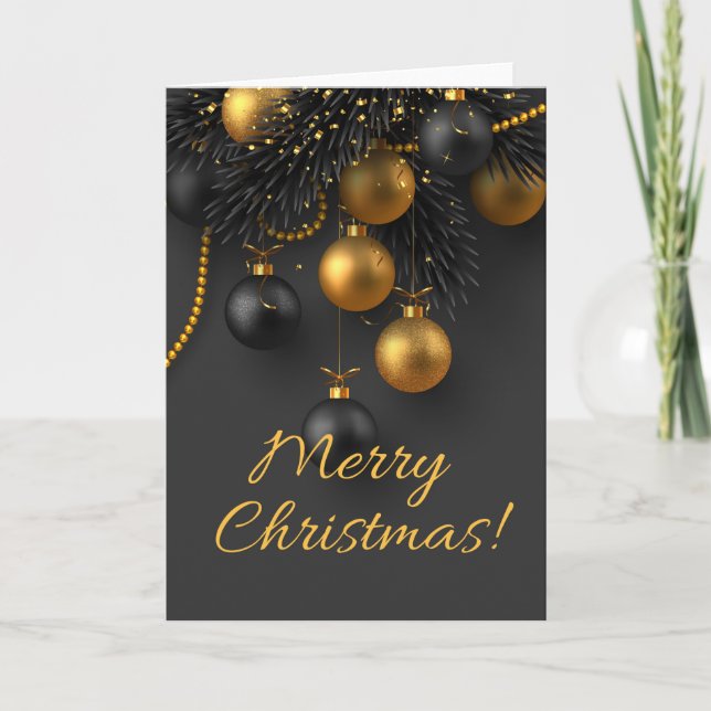 Black and Gold Christmas Balls Elegant Glitter   Holiday Card (Front)