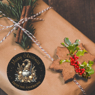 Black And Gold Christmas Gnome Classic Round Sticker