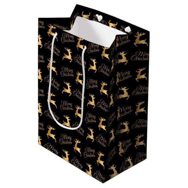 Black and Gold Christmas Reindeers Medium Gift Bag (Front Angled)