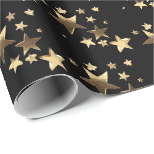 Black and Gold Christmas Stars Pattern Add Text Wrapping Paper