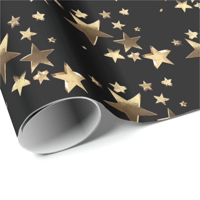 Black and Gold Christmas Stars Pattern Add Text Wrapping Paper (Roll Corner)