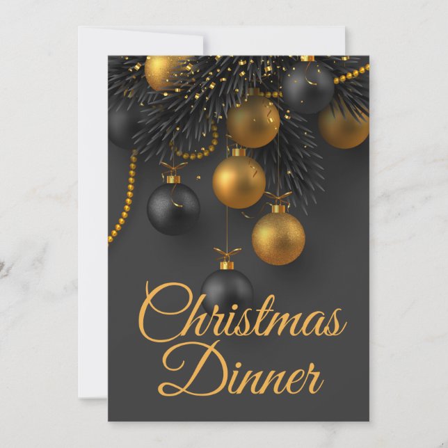 Black and Gold Christmas Tree Elegant Dinner Invitation (Front)