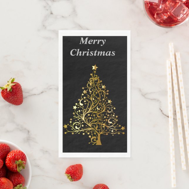 Black and  Gold Christmas Tree Merry Christmas Napkin (Insitu)