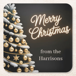 Black and Gold Christmas Tree with Custom Text Square Paper Coaster