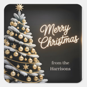 Black and Gold Christmas Tree with Custom Text Square Sticker