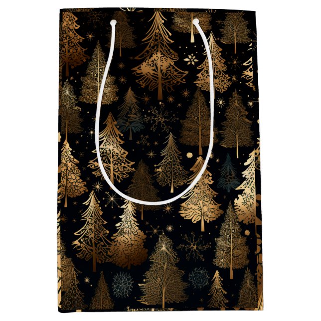 Black and Gold Christmas Trees Medium Gift Bag (Front)