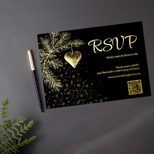 Black and Gold Christmas Wedding QR code RSVP Foil Holiday Card